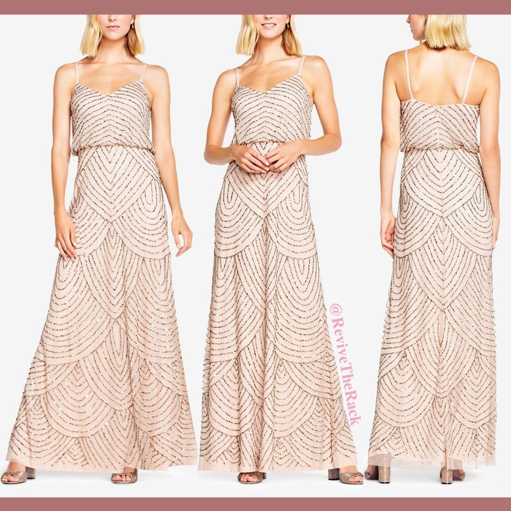 NEW $260 Adrianna Papell Art Deco Beaded Blouson Gown‎ in Taupe Pink [SZ 14 ]